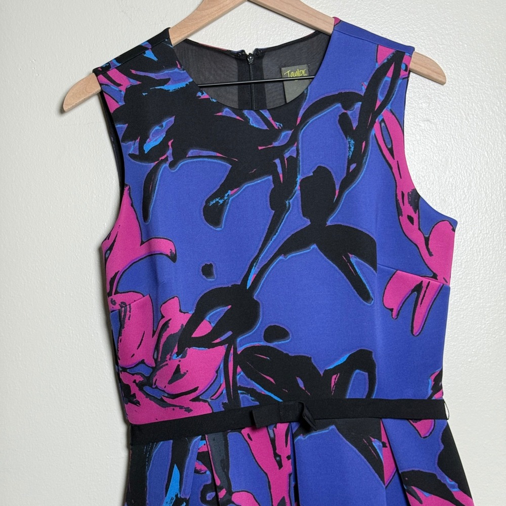 Taylor Womens Blue Pink Abstract Floral Fit and Flare Dress Size 12 Event Summer - Picture 5 of 12